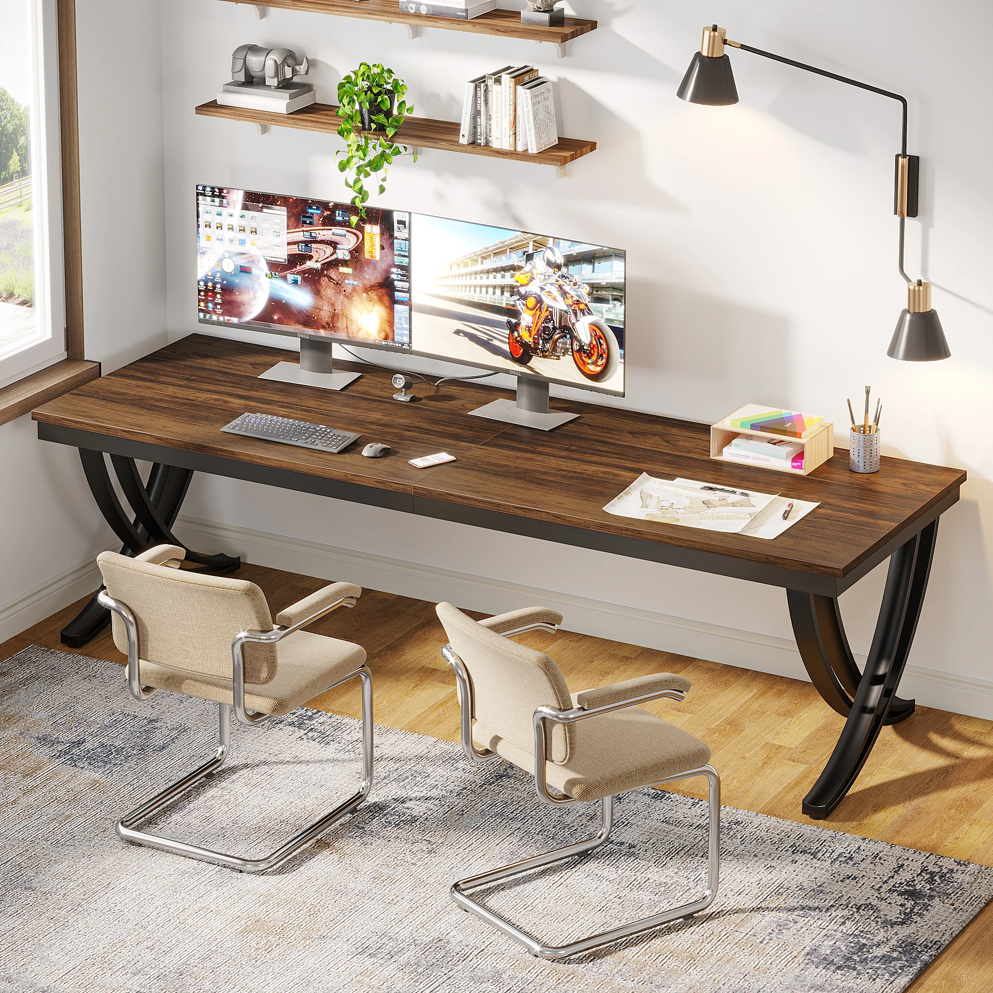 Tribesigns Hot Wooden Rectangle Two Person Desk Industrial Double Computer Desk with Metal Frame Tables