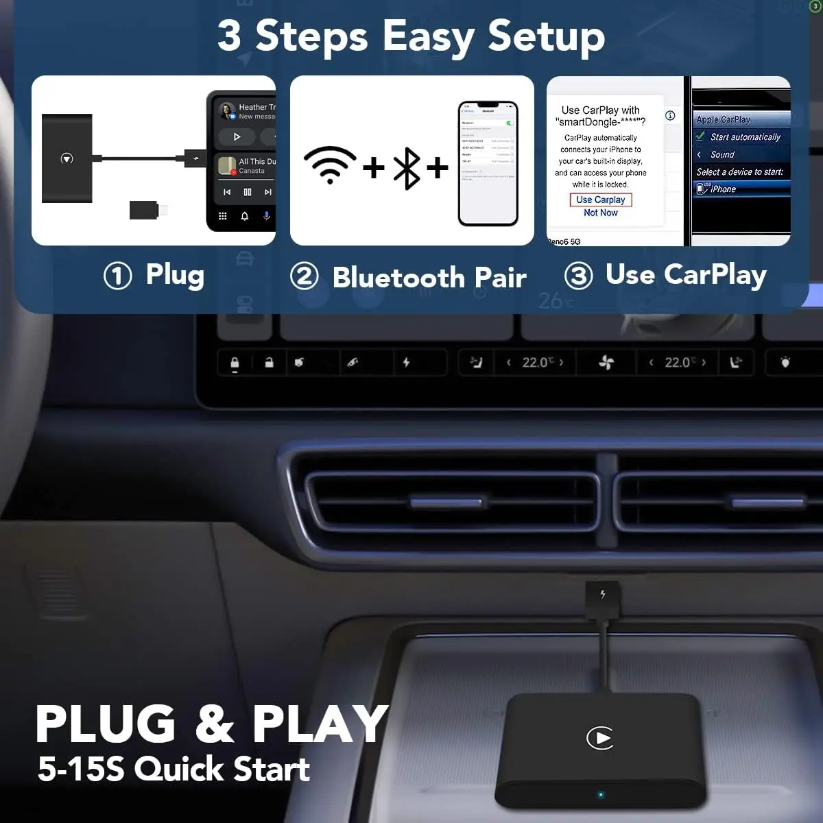 Wireless Carplay Adapter Convert Wired to Wireless CarPlay Dongle Plug & Play Carplay Wireless Adapter