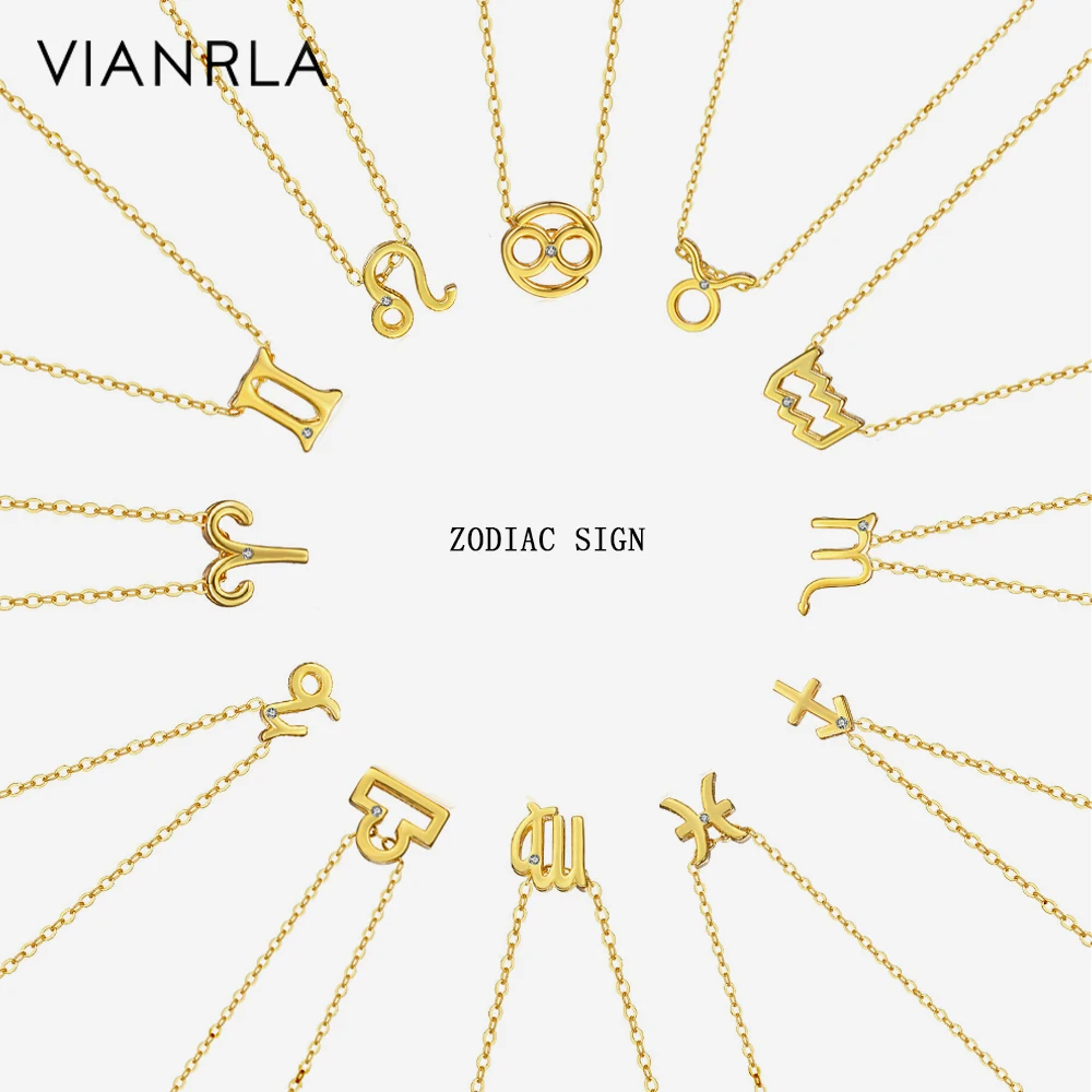 VIANRLA Zodiac Sign Necklace 925 Sterling Silver Horoscope Sign Pendant Pearl 18k Gold Necklace Dainty Jewelry