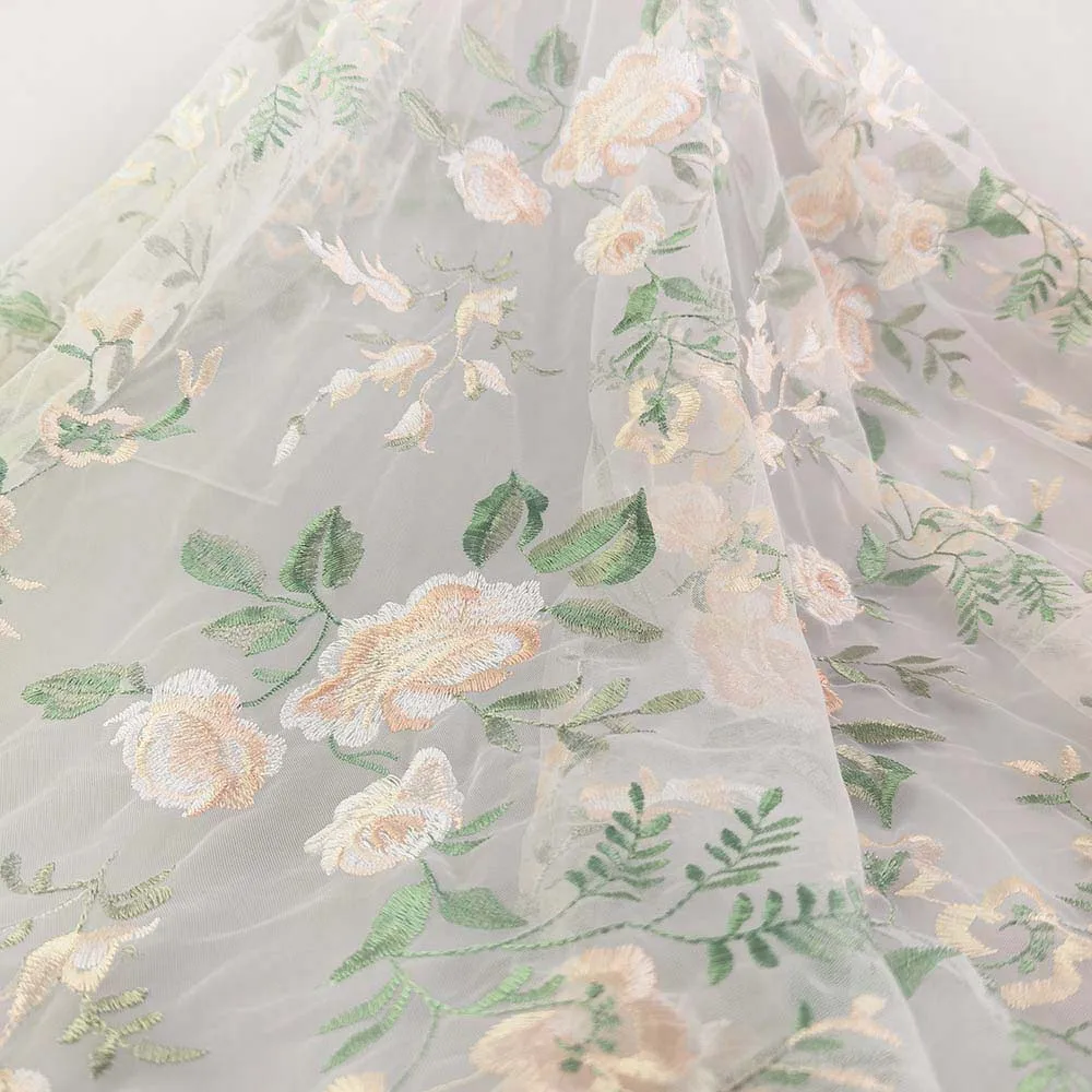 Hot selling 3d floral embroidered lace fabric 100%  polyester lace fabric for dress