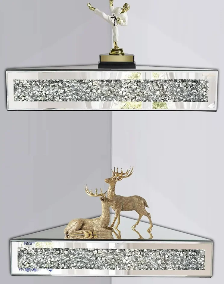 FOSUN Floating Wall Shelf Mirrored Glamorous Crushed Diamond Crystals Wall Rack Glass Display Ledge of Trophy and Photo Frame