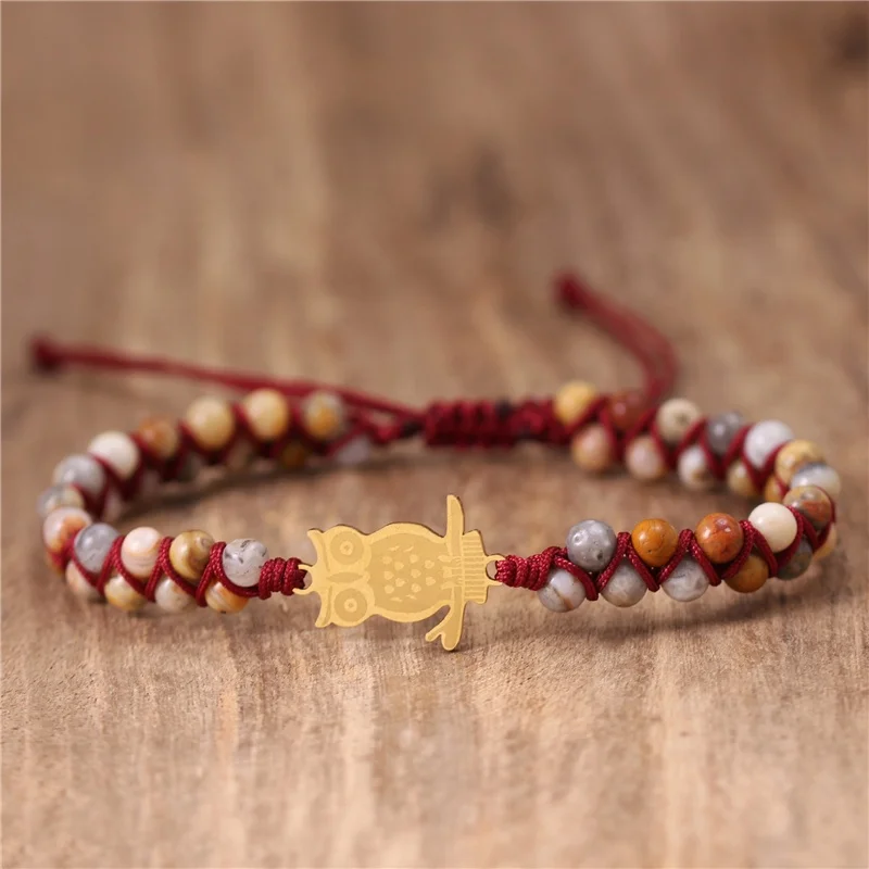Stainless Steel Gold Owl Charm Crazy Agate beaded Braided Bracelet Yoga Natural Stone String Macrame Bracelet Wholesale Dropship