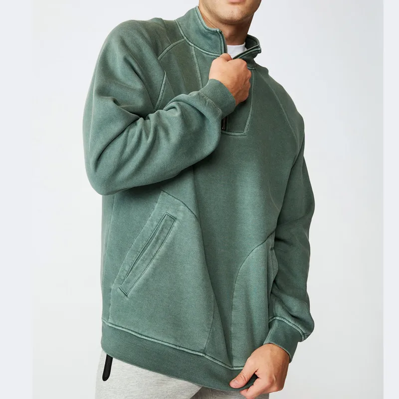 Maxgarment High Quality Super Fit Casual Quarter Zip Up Hoodie Washed Green Sweatshirts Hooded Mens