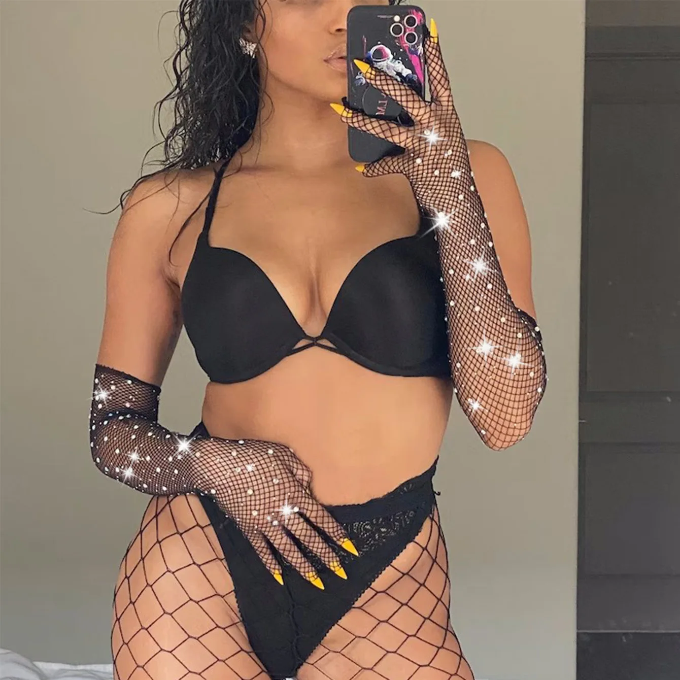 Sexy Diamond Fishing Net Gloves ladies Nightclub Hot rhinestone Sleeves Long Sleeve luxury Sparkling gloevs