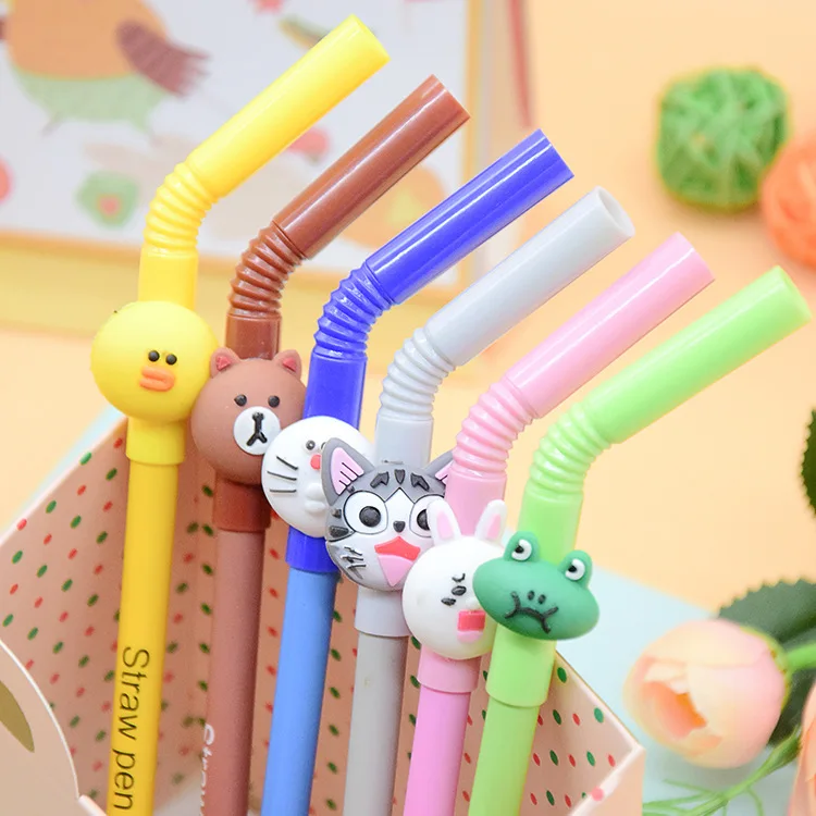 Creative Cartoon Straw Shape Cute Gel Pen Student Retractable Gel Pen 0.5mm Black Ink