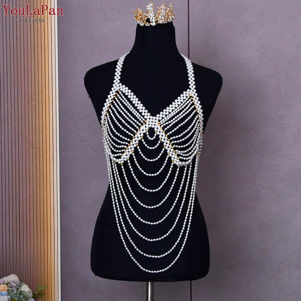 YouLaPan VG58 Fashion Tops Decorations White Black Pearl Beads Tassel Chain Halter Bra Necklace Sweater Dress Body Coverup