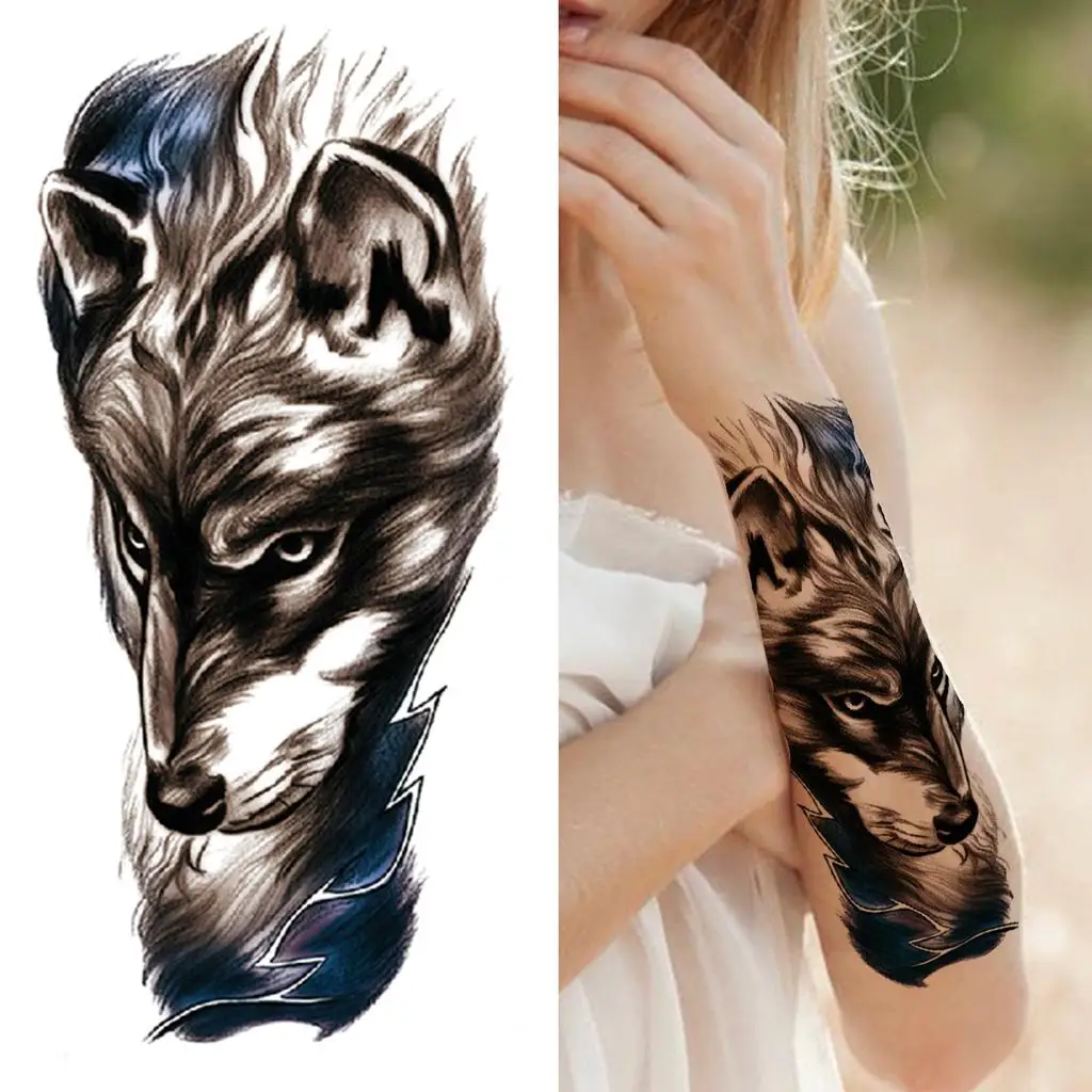 Animals Temporary Tattoos For Women Men Half Arm Sleeve, 3D Large Tribal Tiger Lion Death Skull Sexy Tattoo Stickers