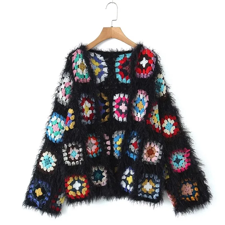 2024 Vintage Loose Handmade Short Cardigan Sweater Women Floral Crochet Lady Knitted Top