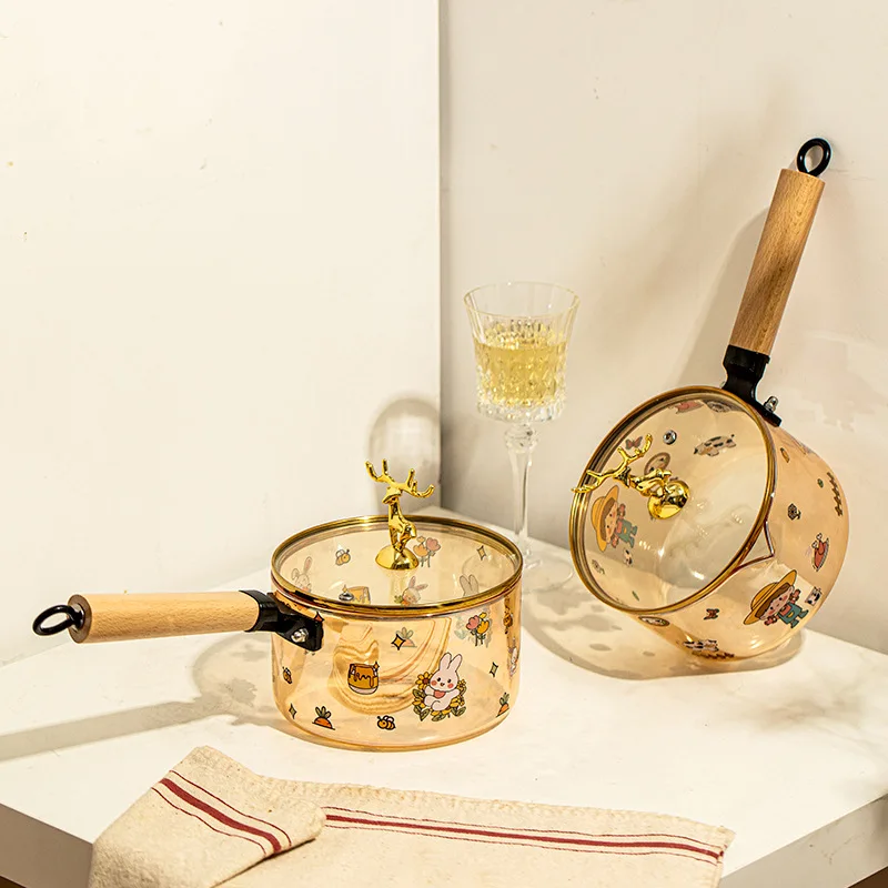 Amber printed deer head glass pot High Borosilicate heat-resistant instant noodles pots glass cookware set cooking pots