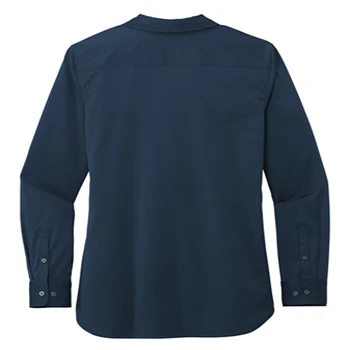 Ladies river blue navy 93/7 poly/spandex Odor-fighting Wrinkle-resistant Open collar and neckline Pearlized button Stretch Tunic