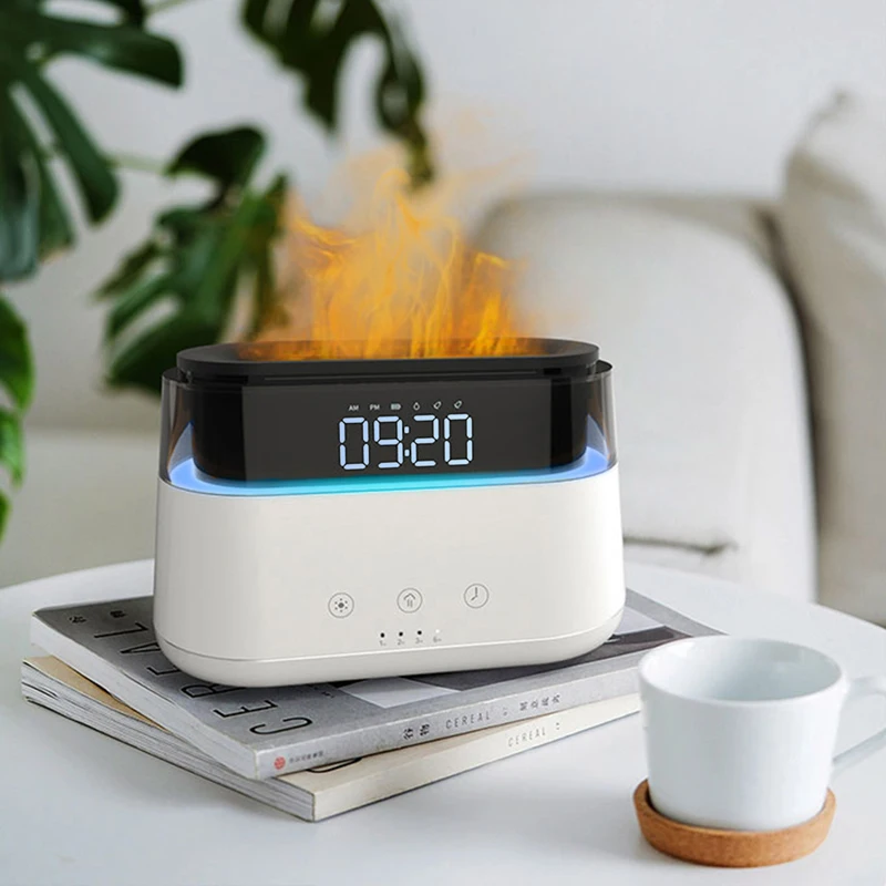 Hot Sale Portable Flame Led Air Humidifier Rainbow Lamp Tochable Home Flame Essential Oil Aroma Diffuser With Alarm Clock
