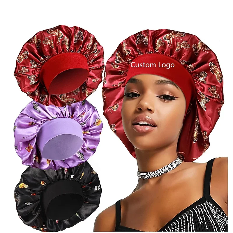 Fashion Butterfly Pattern Hats With Wide Band Custom Logo Beauty Woman Sleep Caps Satin Hair Bonnets
