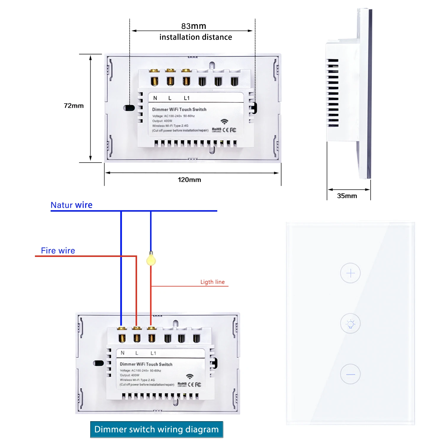 120 US Smart light Dimming switch supports Alexa and Google Assistant 2.4Ghz WiFi light switch Digital dimming function switch