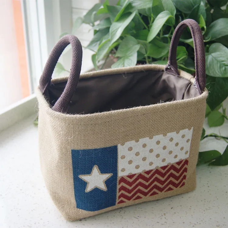 Factory direct sale rectangular and oval clothes toy storage box organizer fabric linen jute printed storage basket with carry h