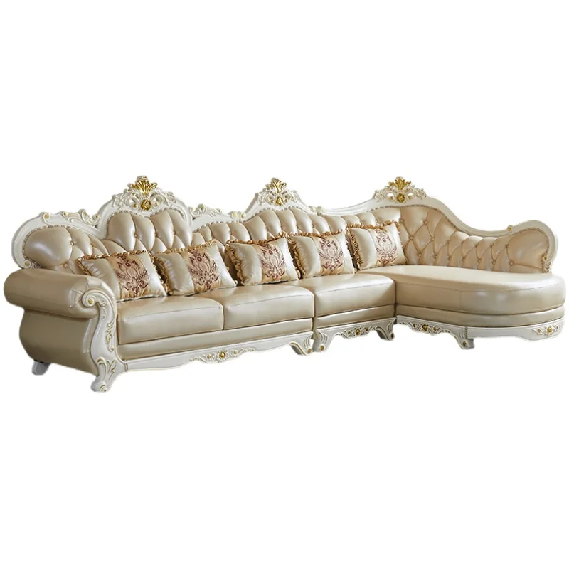 Can be a full set with European furniture combination solid wood carving frame leather sofa set