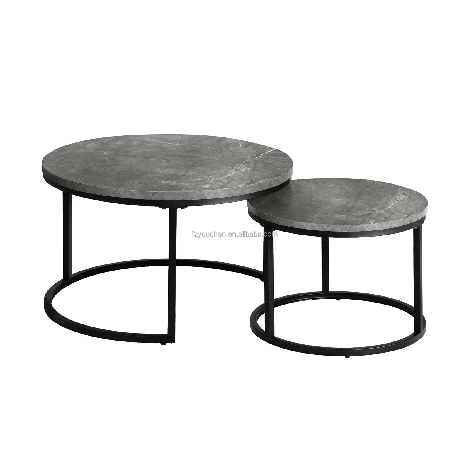 Reclaimed Oak Round Modern Nesting Coffee Set of 2 Living Room Accent Tables with Tabletops and Matte Metal Frame