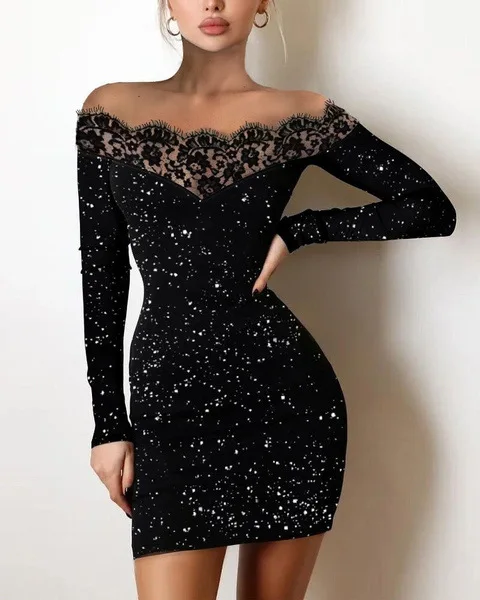 Long sleeve lace Crop Top silver powder dresses Off Shoulder Contrast Lace Glitter Bodycon Dress