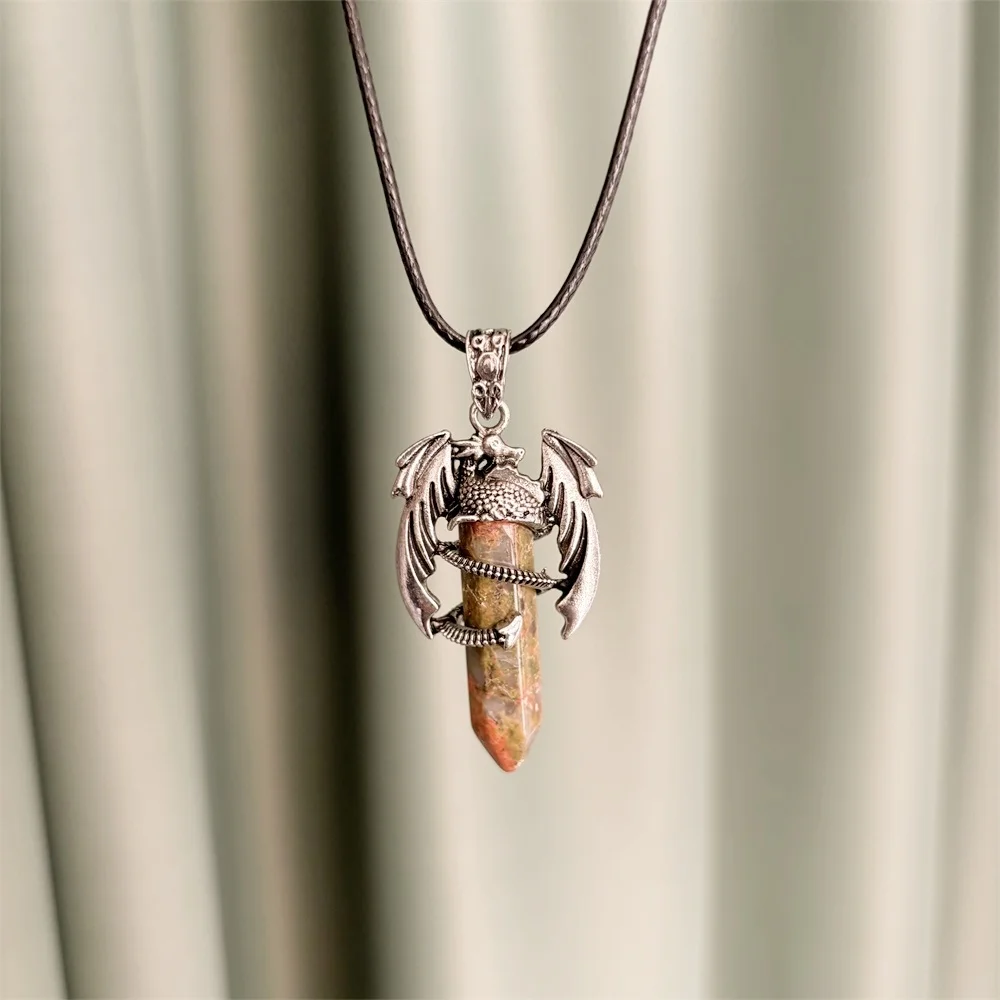 Natural amethyst powder hex prism dragon pendant men women necklaces