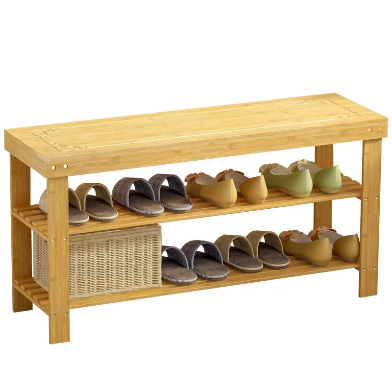Shoes Changing Bench 2 Tier With Seat Modern Bamboo Shoes Rack Shelf For Entryrway Front Door Bathroom