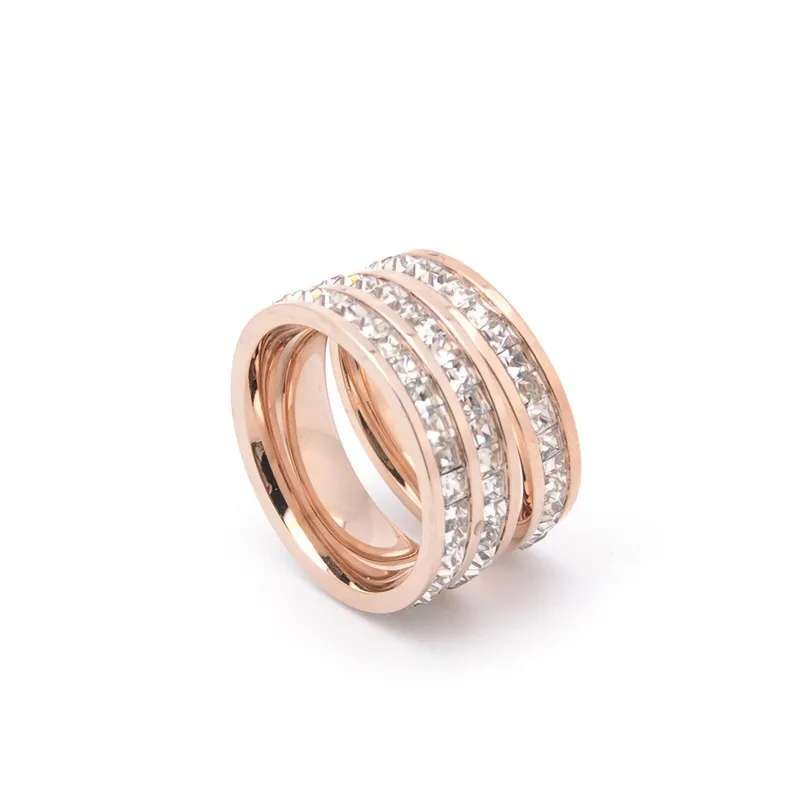 Trendy Zircon Rose Gold Couple Rings Jewelry Stainless Steel Single Double Row Zircon Rings