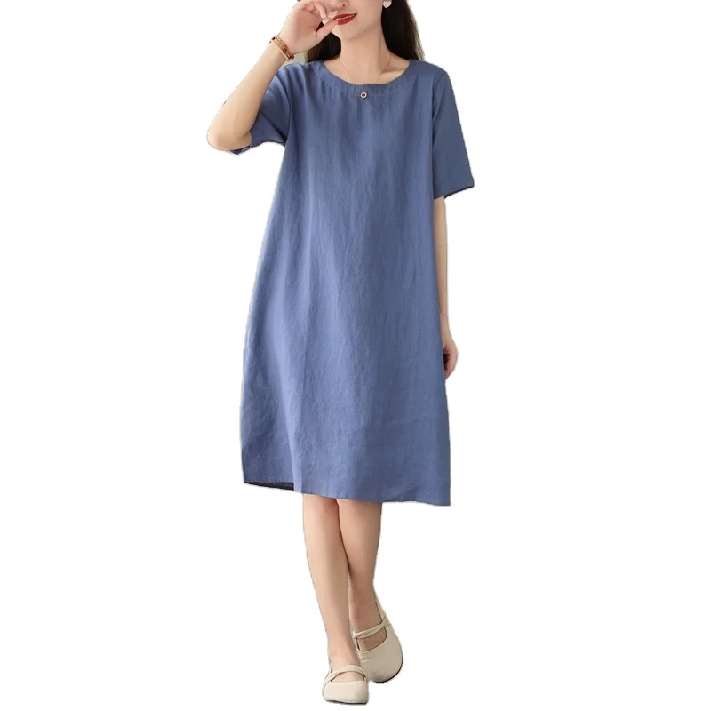 Solid color minimalist round neck short sleeved lightweight cotton linen dress 9295042
