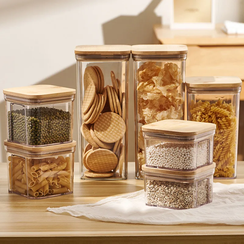 700ml Kitchen Stackable Square Food Storage Jars Bamboo Lid Plastic Square Airtight Food Container With Bamboo Lid
