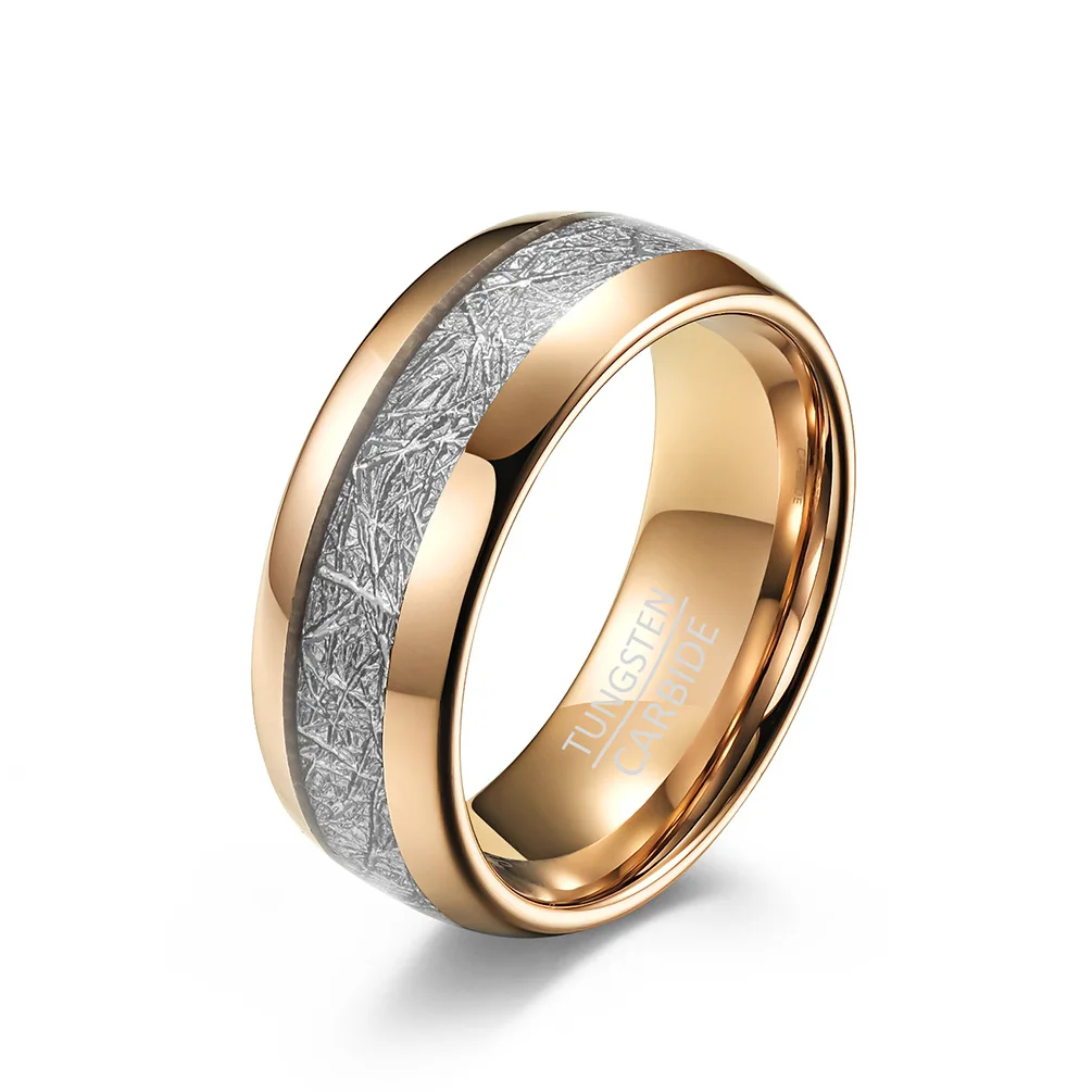 Poya Ready To Ship Fashion Imitation Meteorite Two Line Inlay Rose Gold Black Tungsten Ring