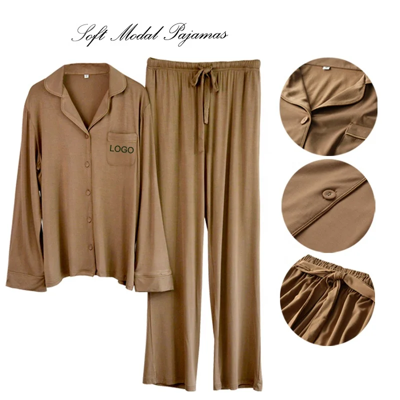 Comfortable Bamboo Pyjamas Factory Supplier Custom Soft Knitted Modal Women Sleepwear Long Sleeve and Trousers Rayon Pajamas Set