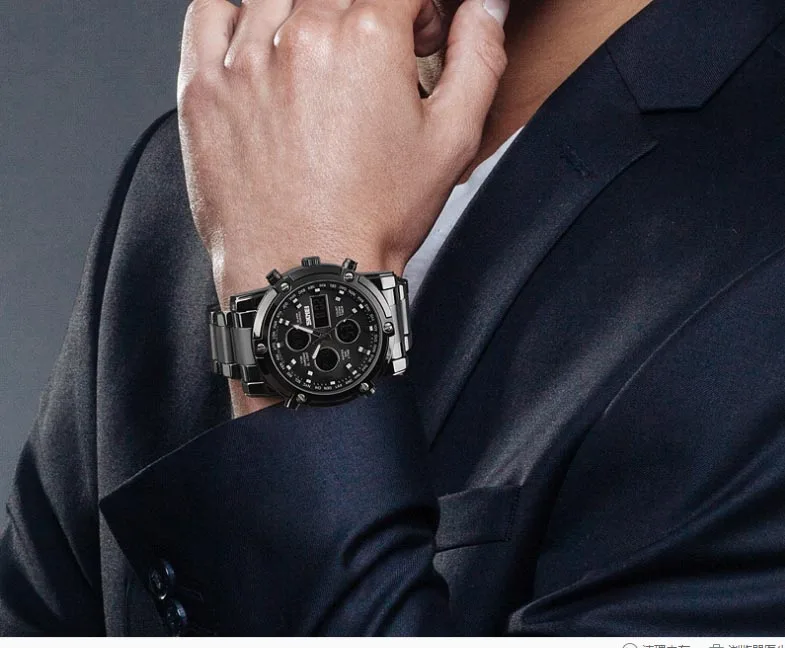 Мужские спортивные часы с двойным механизмом, стальные часы со светящимся будильником, многофункциональные кварцевые часы