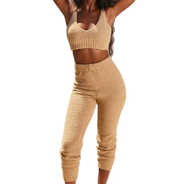 women clothing knitted set ladies fuzzy loungewear top and trousers two piece sweater set