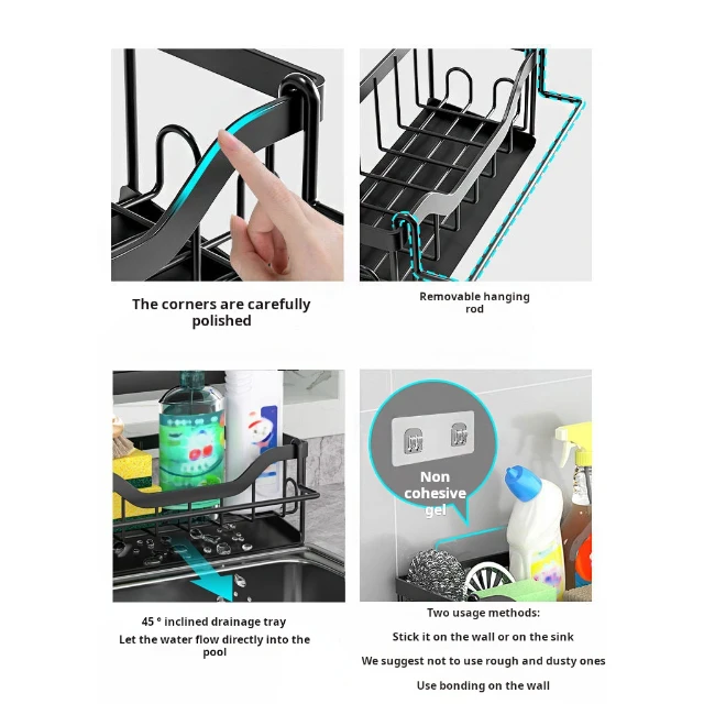 Custom Kitchen Sink Sponge Holder with Towel Bar Carbon Steel Black Soap Dispenser Storage Kitchen Accessories