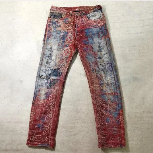 AIPA Denim manufacturer Custom Bandanna Paisley pattern patch Men Jean Pants Stacked Flared fit Jean
