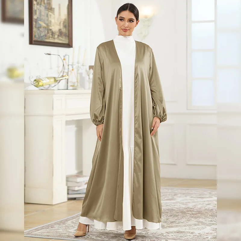 Solid Color Dress Islamic Arabic Layered Long Cardigan Fancy Dubai Open Women Muslim Dress
