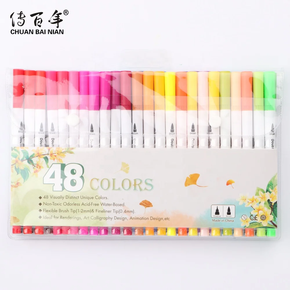 Good Quality Eco-friendly 48 Colors Water Based Dual Tip Brush Pen with Fineliner