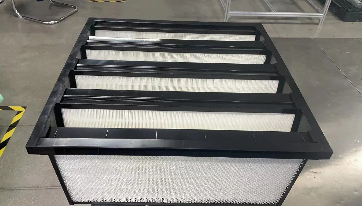 V Cell AHU Hepa Filter Medium Efficiency F7 F8 H13 H14 Plastic Frame 592 X 592X 292mm Mini-pleated Compact 4 V Bank Air Filter