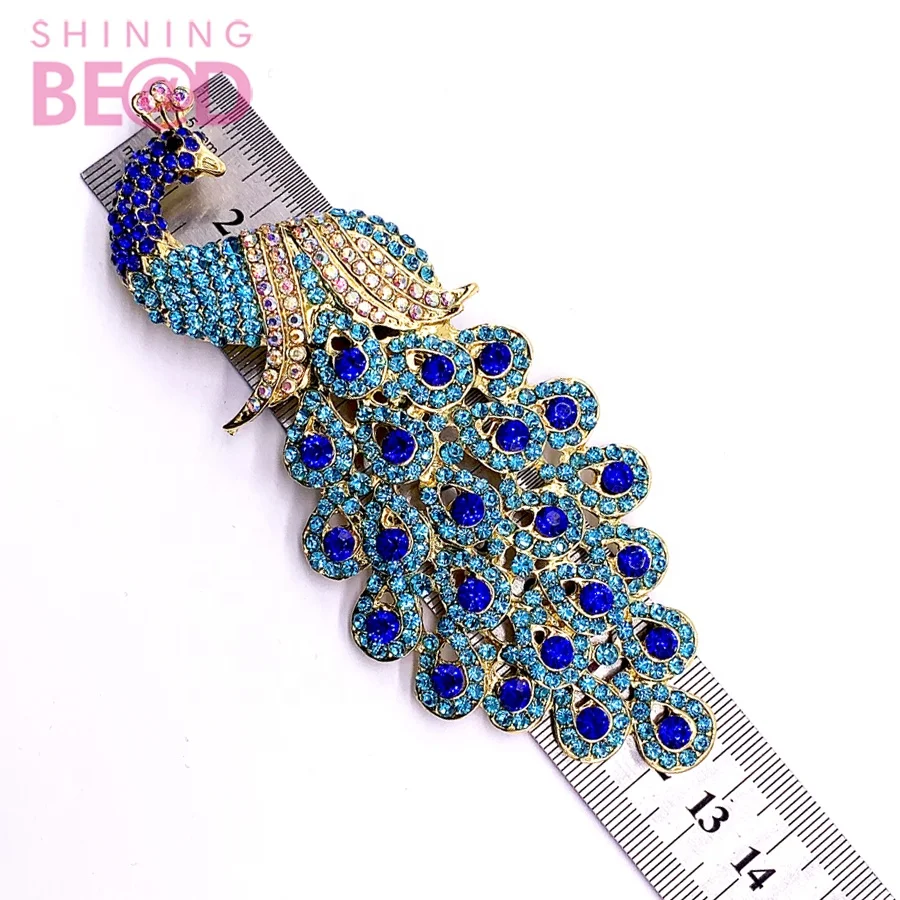 wholesale blue diamond peacock brooch pin gold women jewelry pin for decoration accessories