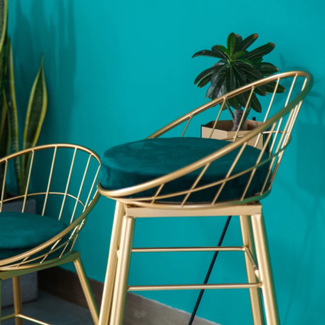 
European Metal Hollow Wire Gold Modern Bar Chair, Wrought Iron Dining Chair, Hotel Outdoor Velvet High Bar Stool 