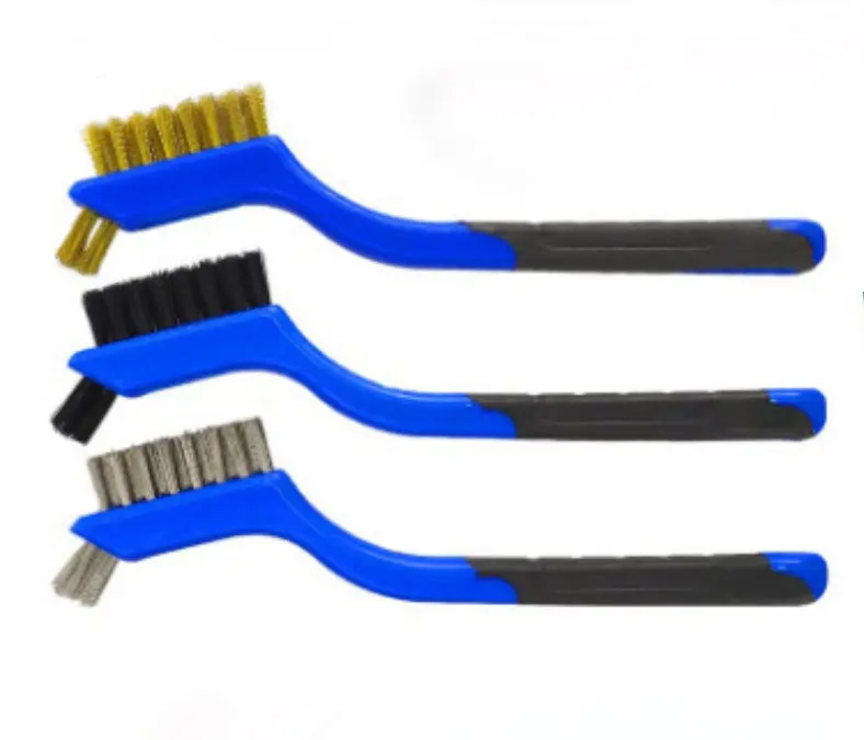 Small Wire Brush Nylon/Brass/Stainless Steel Bristles Scratch Brush Set Curved Handle Grip 3-pack