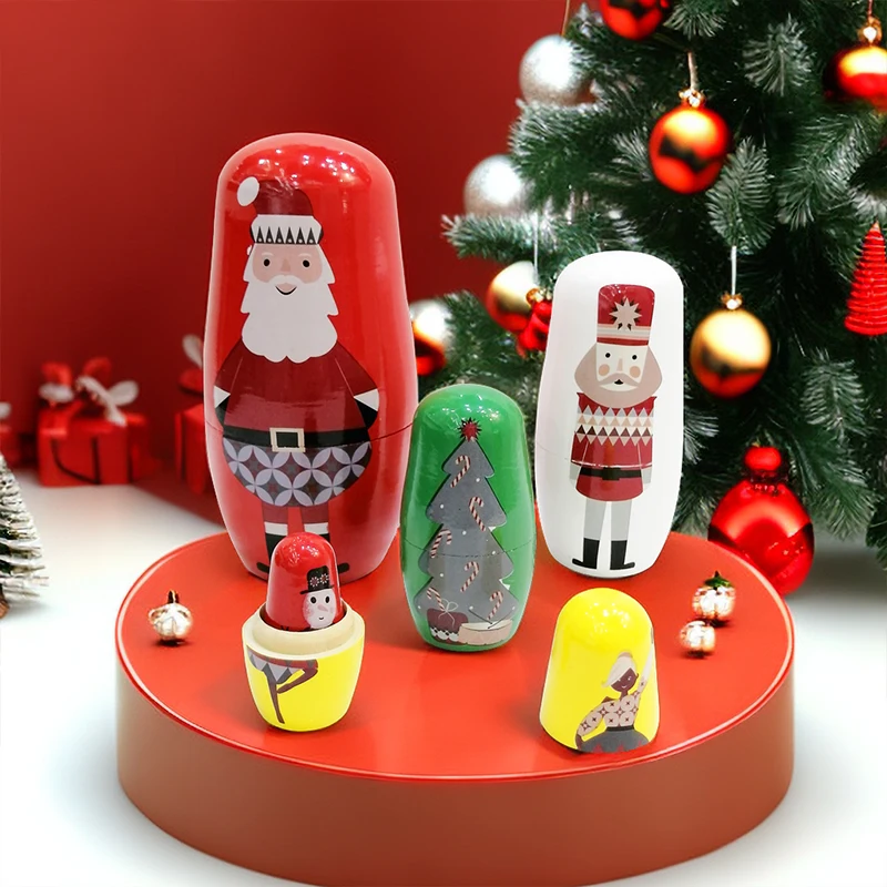 5Pcs Russian Matryoshka Dolls Handmade Wooden Christmas Table Decoration Doll Nesting Dolls Set for Kids Birthday Toy Gift