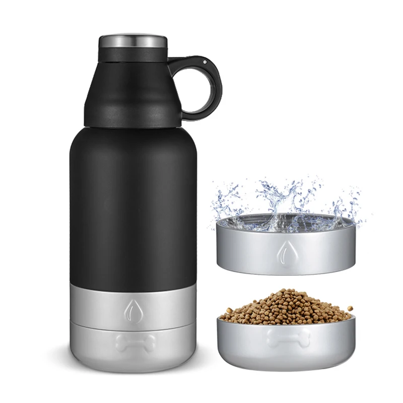 2022 Everich 2 In 1 32oz 64oz Custom Double Wall Stainless Steel portable Dog Water Bottle Food Feeding Bowl With Food storage