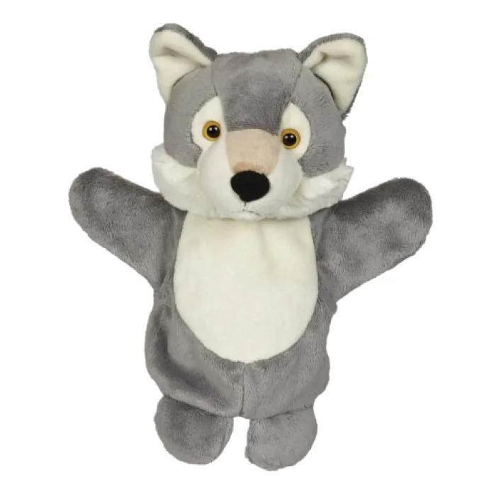 OEM Cartoon Animal Stuffed Customized 25cm Realistic Plush Animal Hand Puppets Grey Wolf Hand Puppet