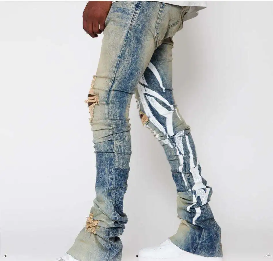 2023 new arrivals new design vintage stacked denim pants wholesale custom slim fit prints ripped stacked jeans men flare jeans
