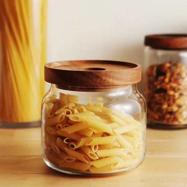 wholesale food grade glass food storage jar containers glass canister with airtight bamboo lid and spoon