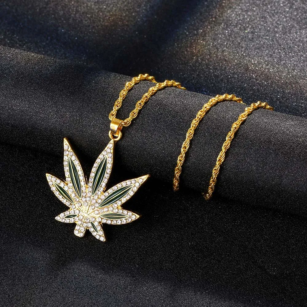 Maple Leaf Necklace Punk Hip Hop Fashion Diamond Hemp Leaf Pendant Necklace For Women Men Jewelry Gift Wholesale Collares