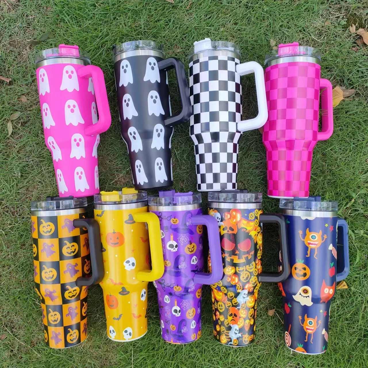 40oz 5d print pumpkins spooky skulls stainless steel  tumbler halloween cups with straw