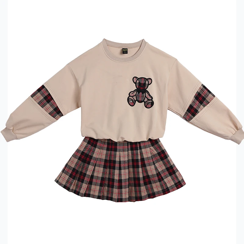 Girls Preppy Style Costumes Long-sleeved Bear Pattern Tops With Plaid Skirts 2-12 year sets for girls  Children Kids Suit 2PCS
