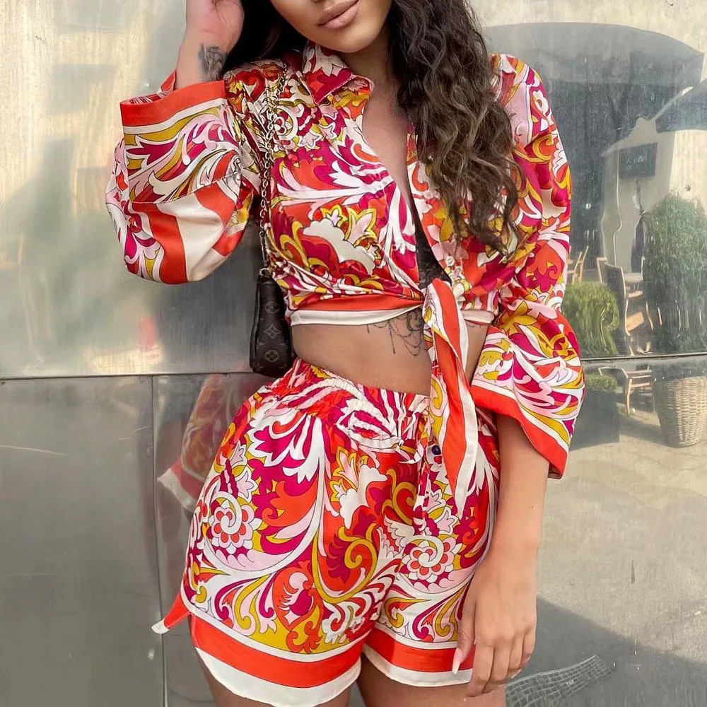 New Arrivals Women Two Piece Short Set Casual Long Sleeve Blouse Short Set Trend Print Women Bandage Short and Crop Top Set