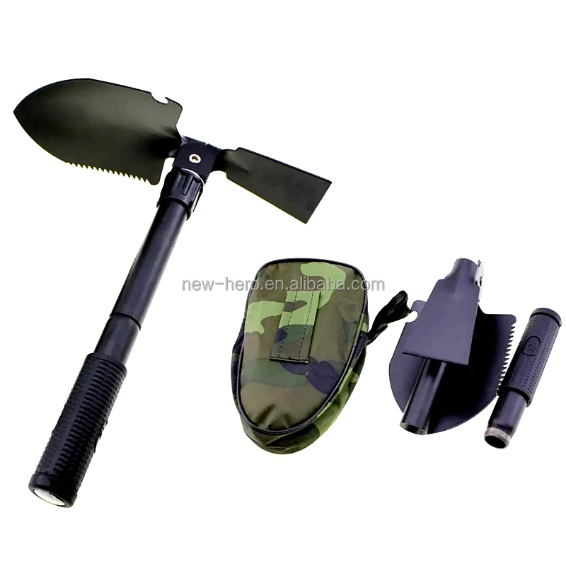 Folding Outdoor Shovel with Pickaxe and Carrying Case Emergency 3 in 1 Mini Camping Foldable Shovel Pick and Saw with Compass