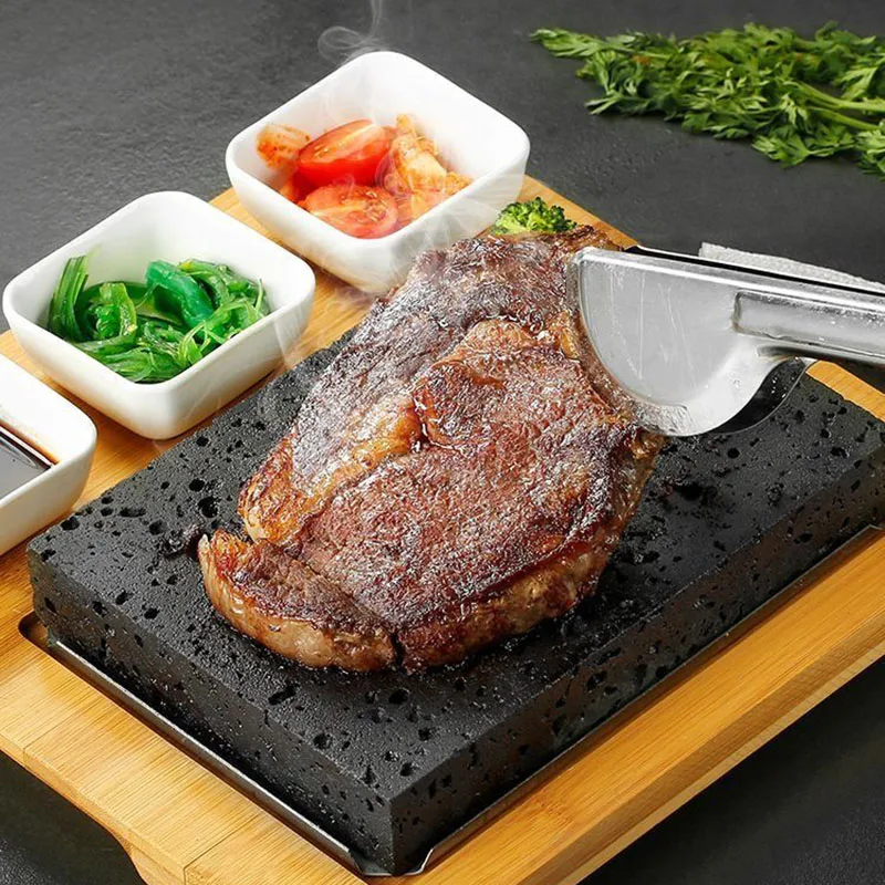 Lava Hot Steak Stone Plate Tabletop Grill Lava Rock Indoor BBQ Hibachi Grilling Stone w Ceramic Side Dishes and Bamboo Platter