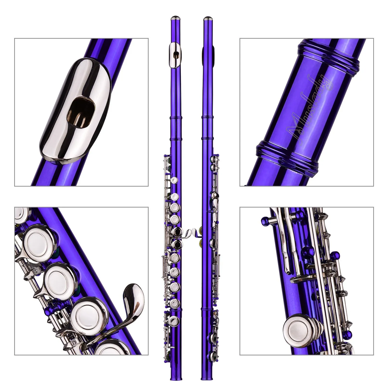Closed Hole C Flute 16 Keys Cupronickel Nickel-plated Wind Instrument with Carry Case Flute Stand Cleaning Cloth Mini Scr